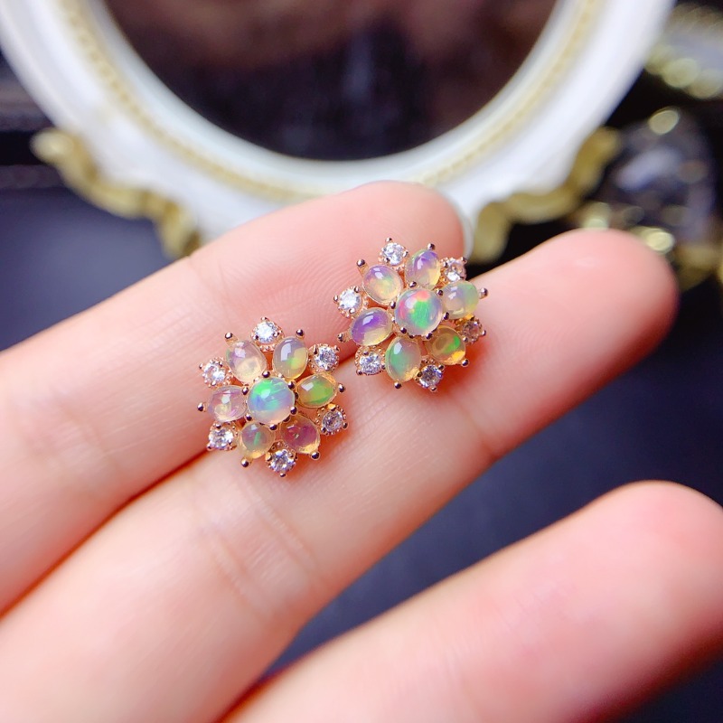 Opal Earrings Dangle - 925 Sterling Silver Earring Flower Studs