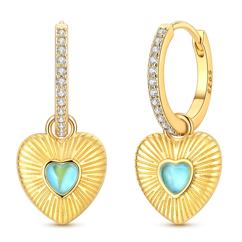 Opal Earrings Dangle - S925 Sterling Silver Heart Dangle Huggie